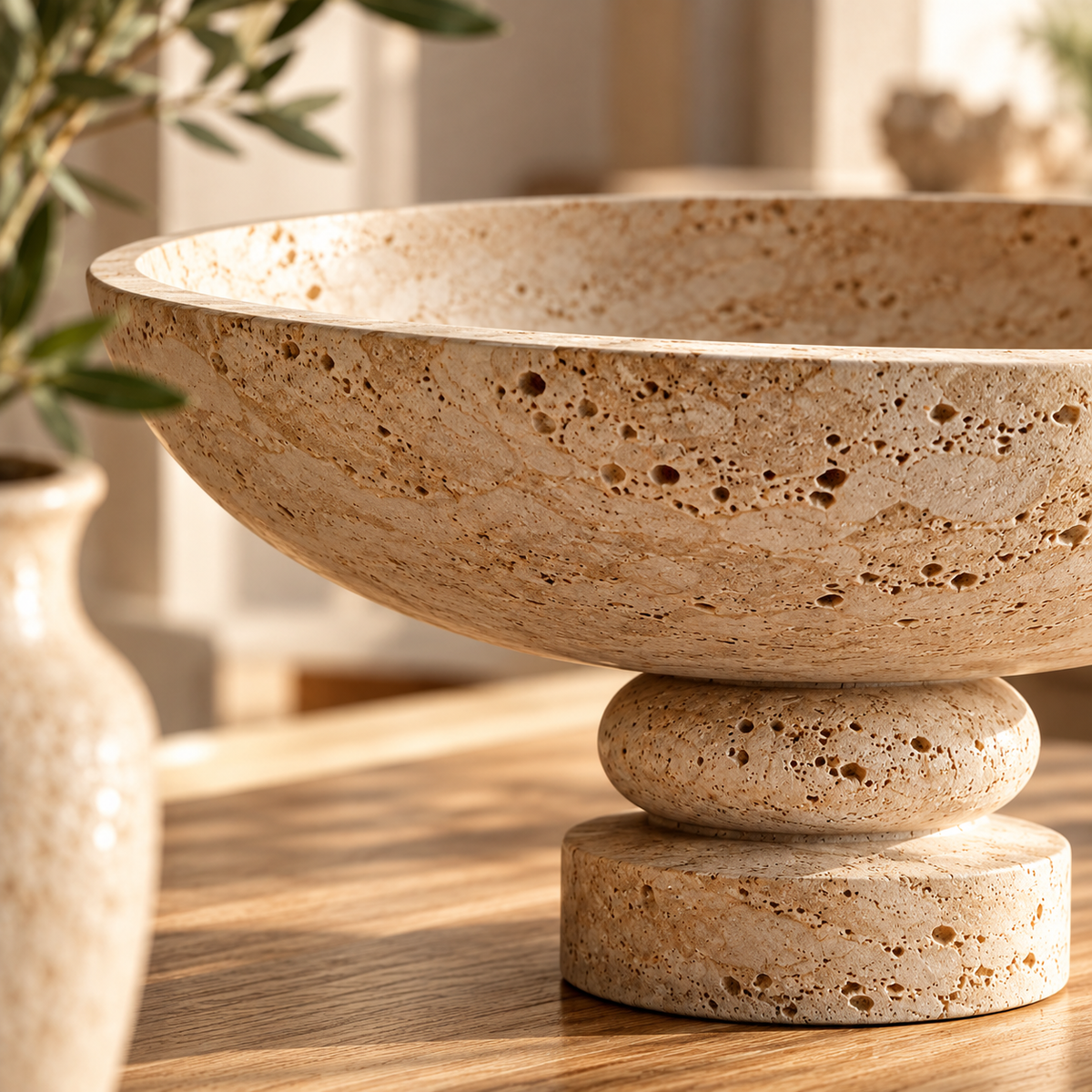 Beige Travertine-Look Wide Pedestal Decorative Bow