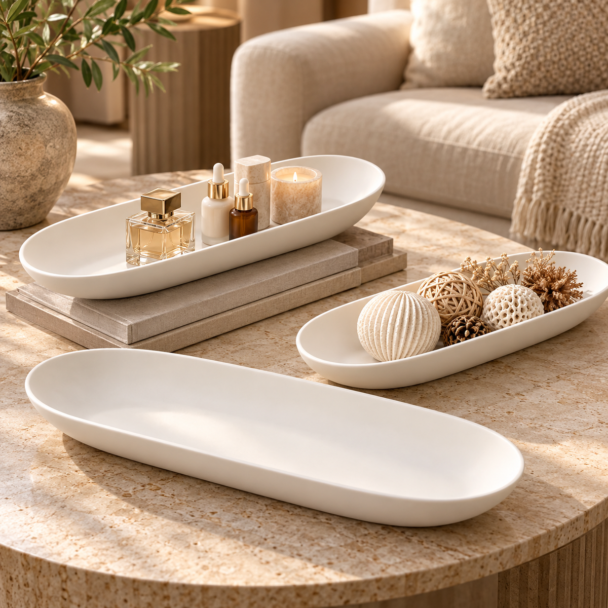 Ivory Long Oval Shallow Decorative Tray Bowl