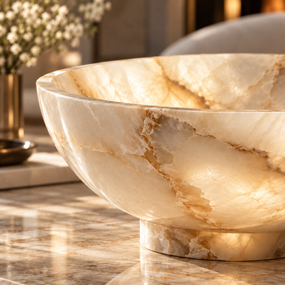 Cream Onyx-Look Pedestal Decorative Bowl