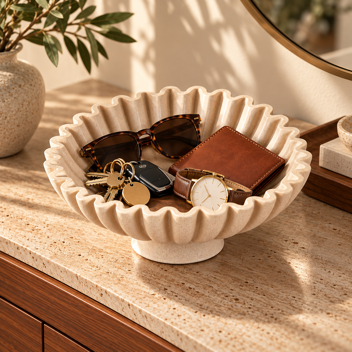 Beige Fluted Scalloped Trinket Bowl