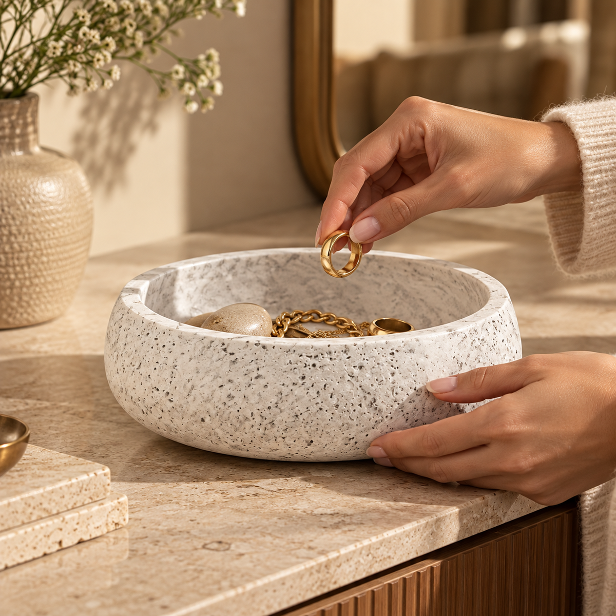 Ivory Speckled Stone-Look Deep Round Decorative Bowl