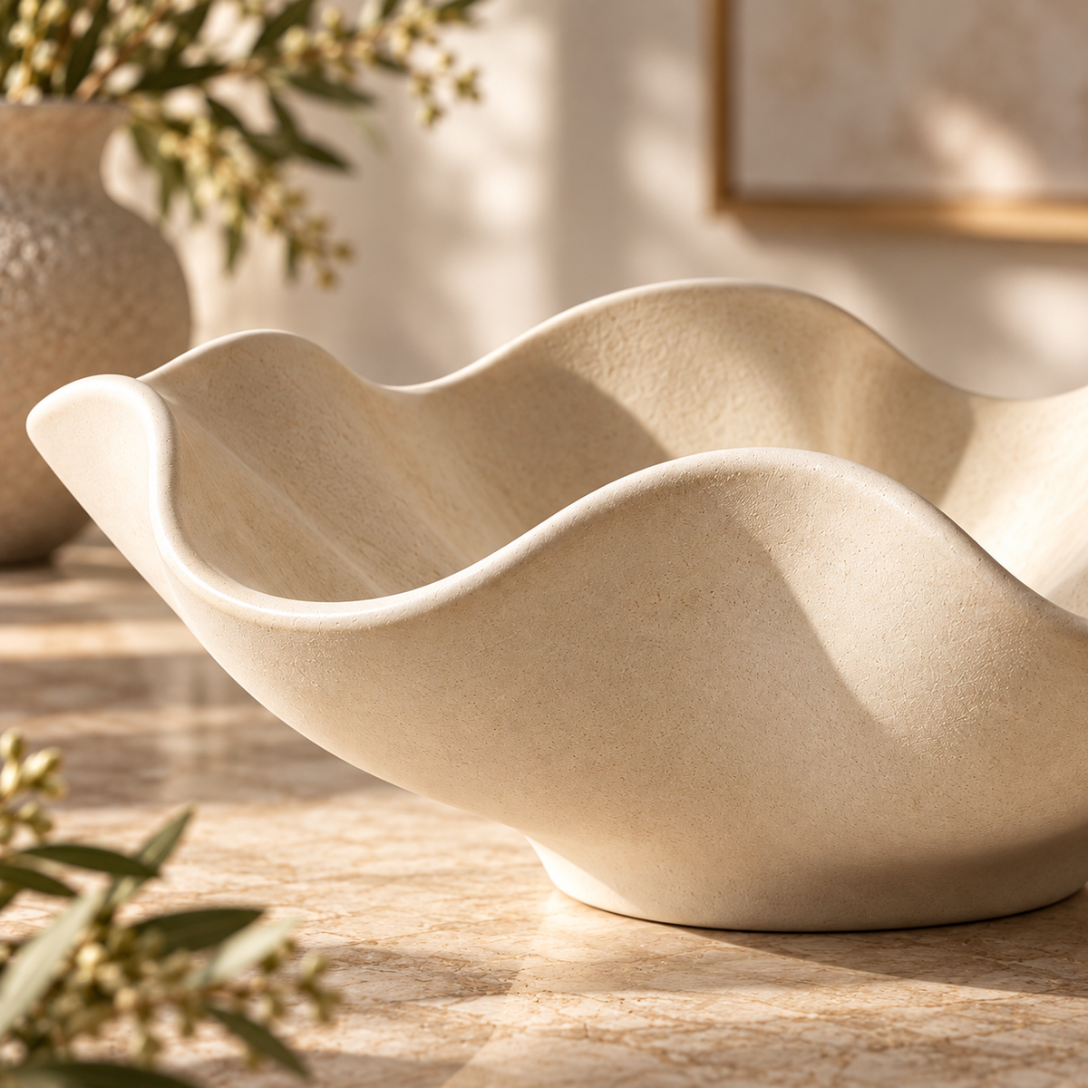 Sculptural Wavy Edge Decorative Bowl with Cream Stone-Look Finish