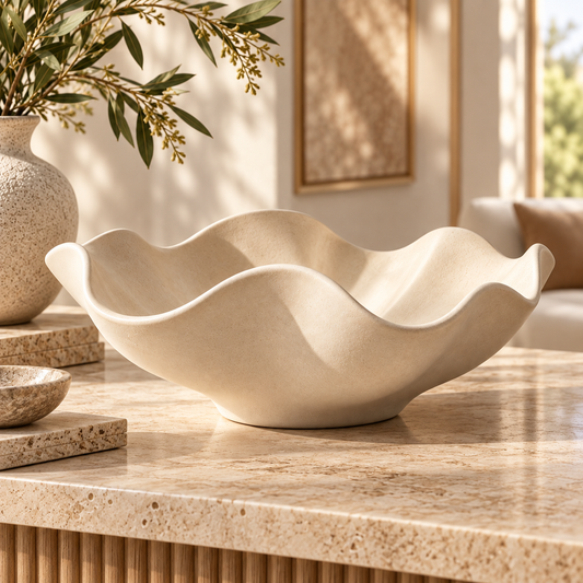 Sculptural Wavy Edge Decorative Bowl with Cream Stone-Look Finish