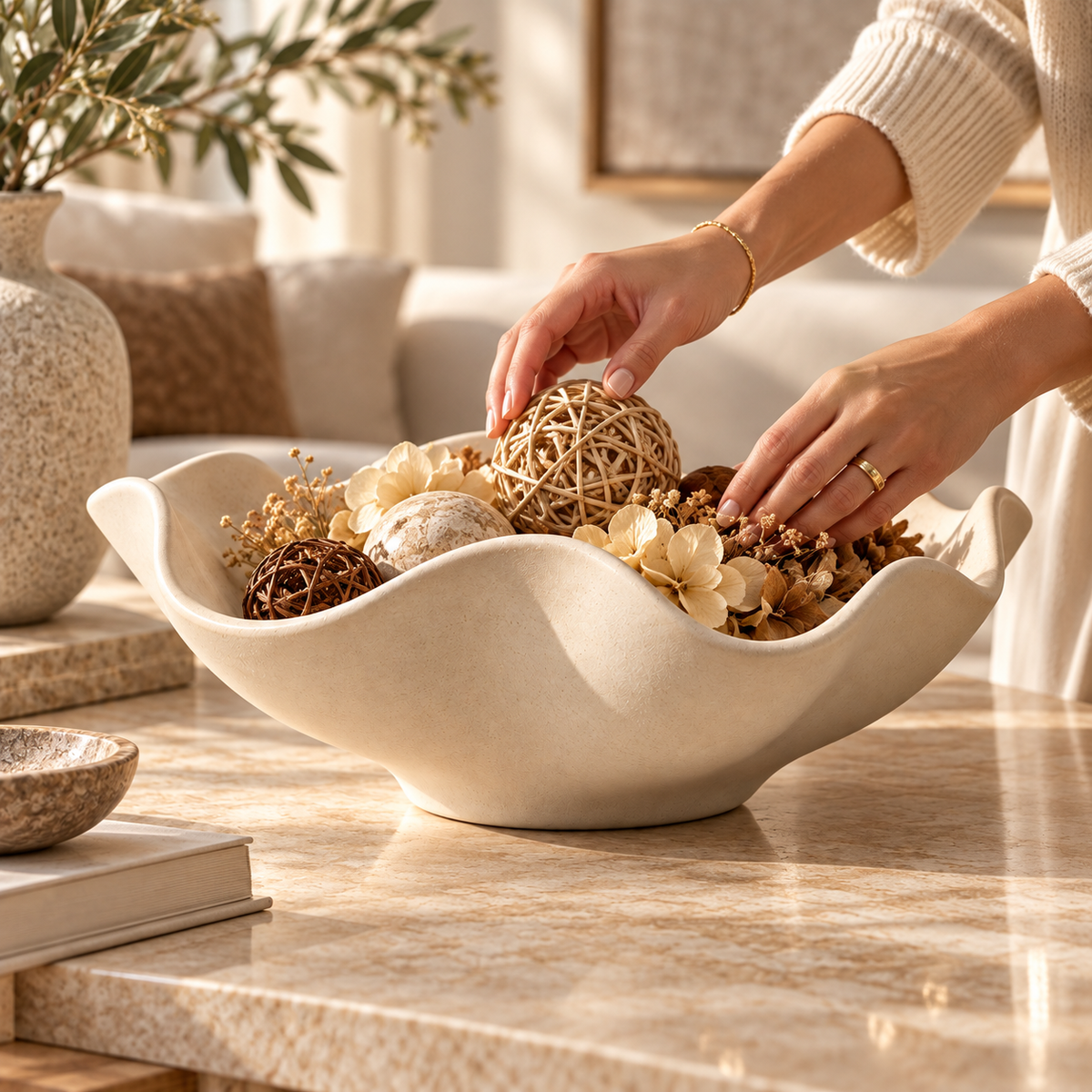 Sculptural Wavy Edge Decorative Bowl with Cream Stone-Look Finish