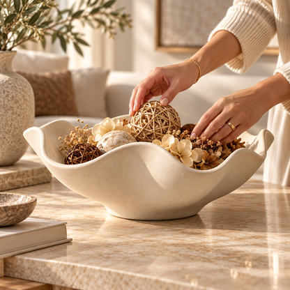 Sculptural Wavy Edge Decorative Bowl with Cream Stone-Look Finish
