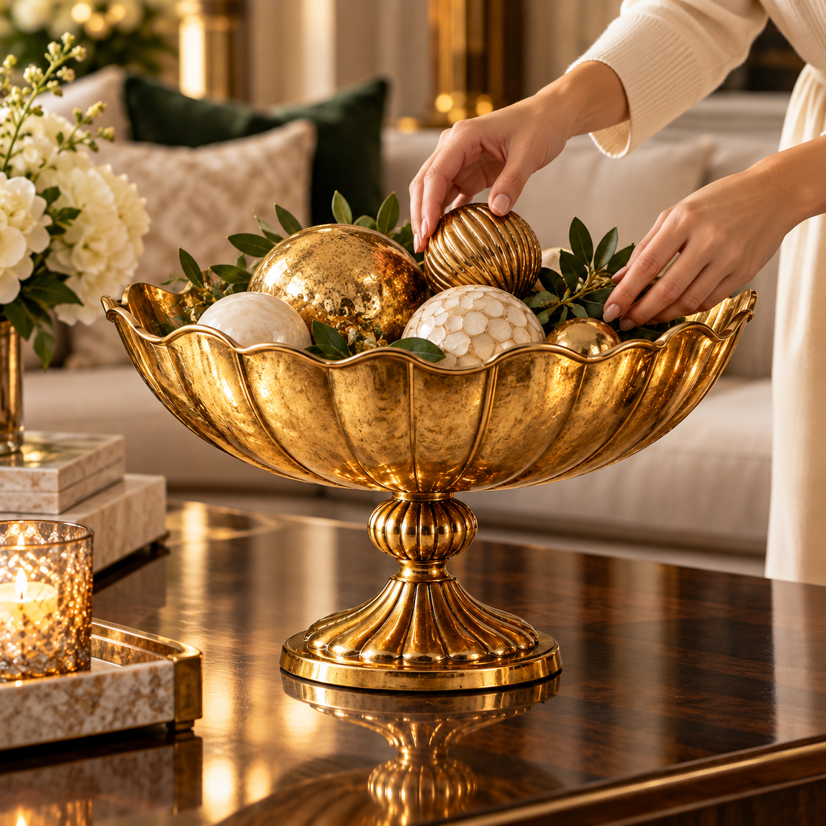 Gold Scalloped Pedestal Decorative Bowl