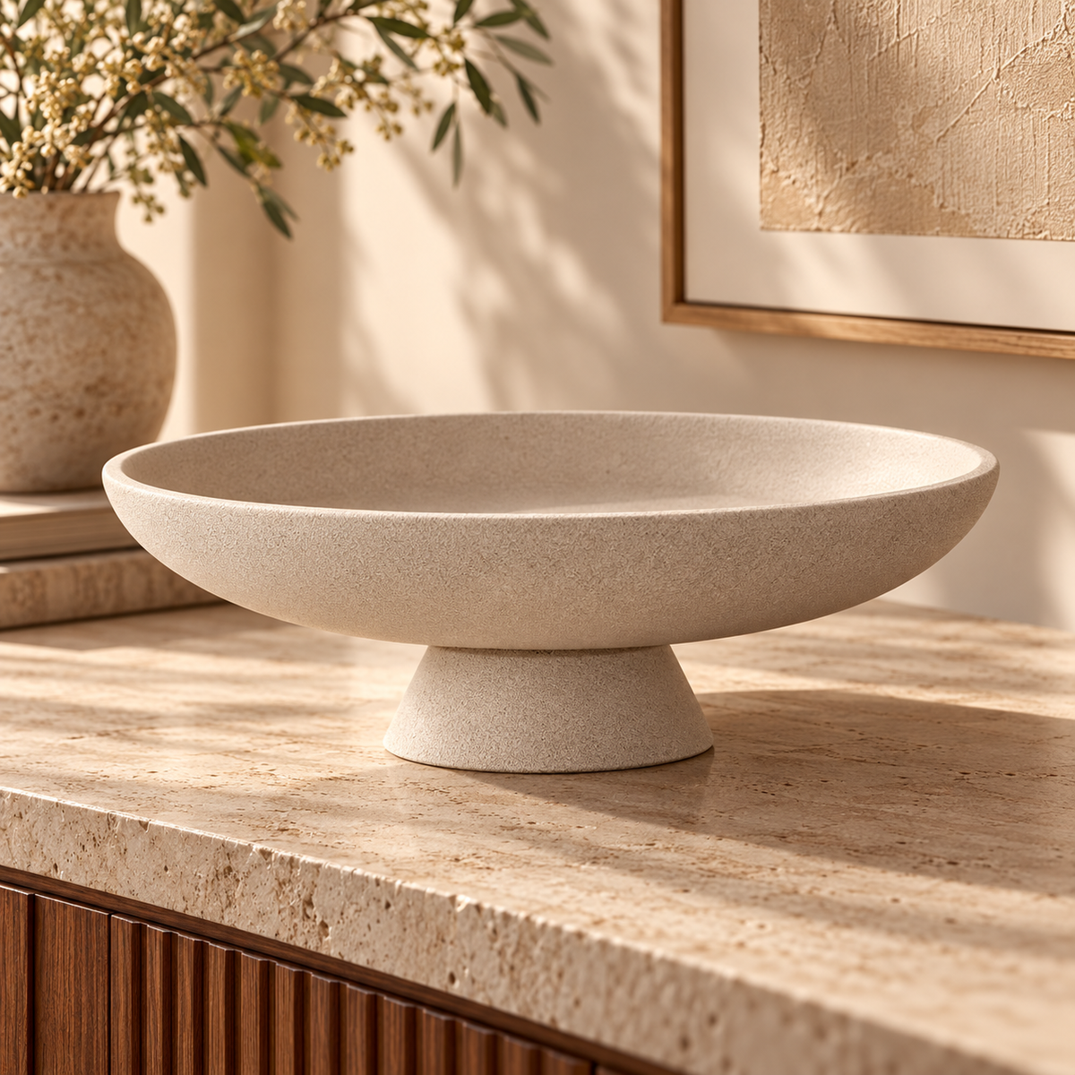 Beige Stone-Look Pedestal Decorative Bowl