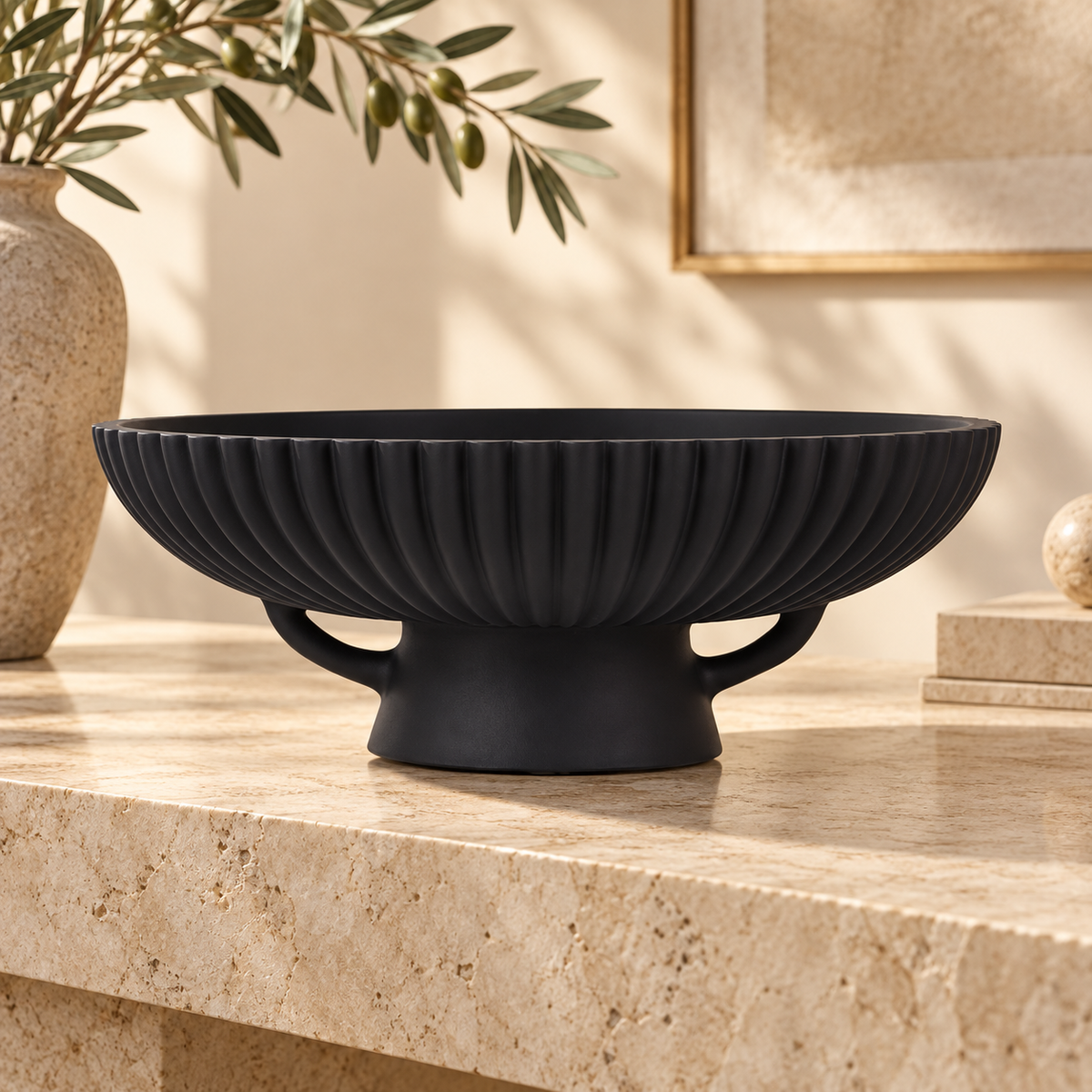 Matte Black Fluted Pedestal Decorative Bowl with Openwork Base