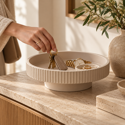 Cream Beige Fluted Round Pedestal Decorative Storage Bowl