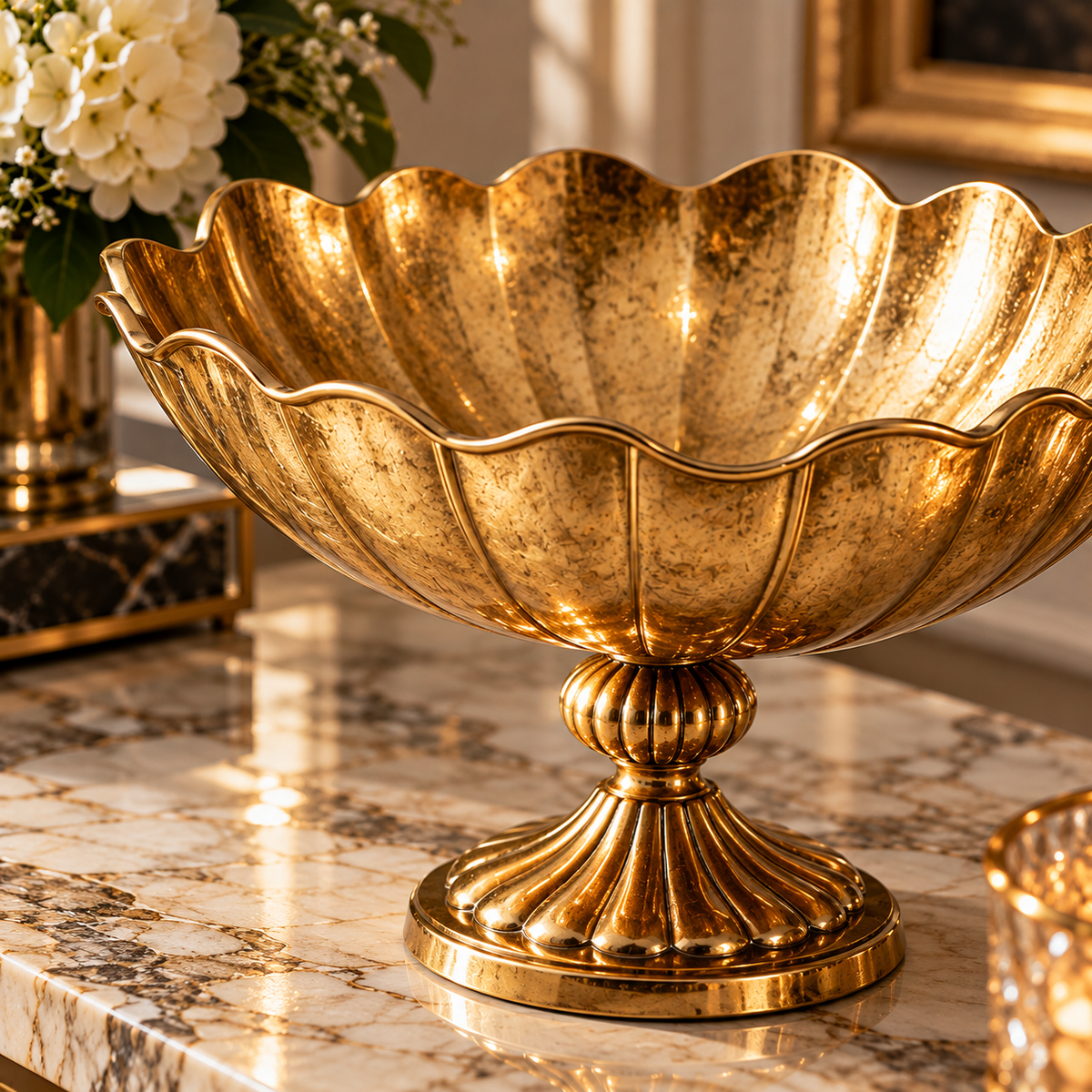Gold Scalloped Pedestal Decorative Bowl