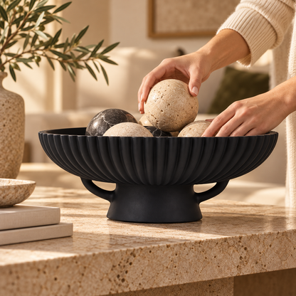 Matte Black Fluted Pedestal Decorative Bowl with Openwork Base