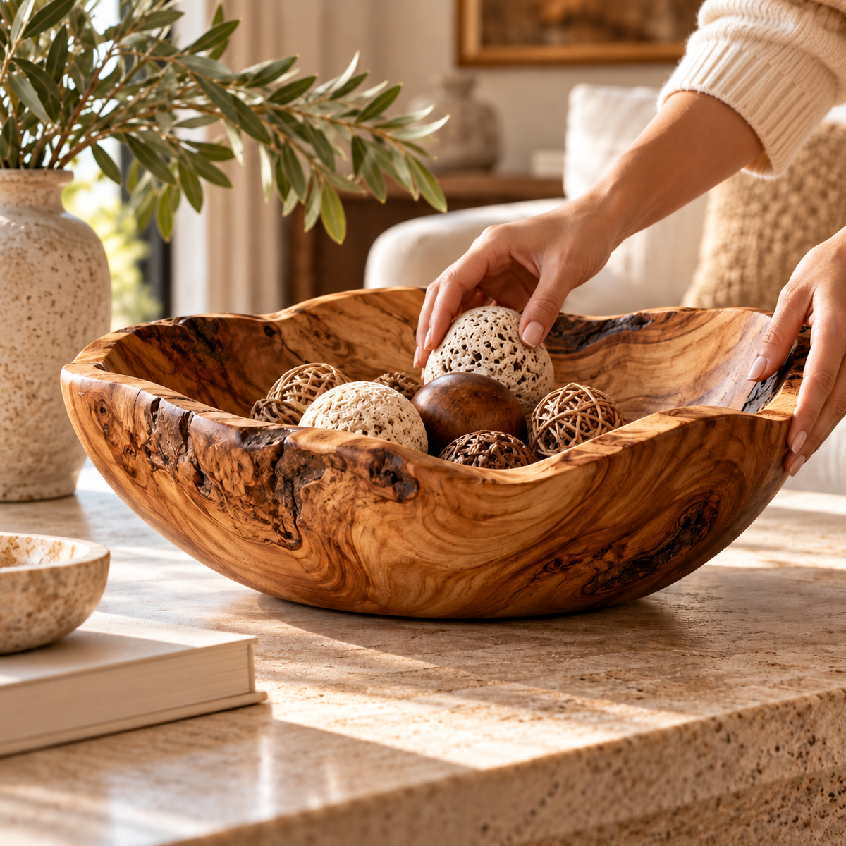Natural Wood-Grain Wavy Decorative Bowl