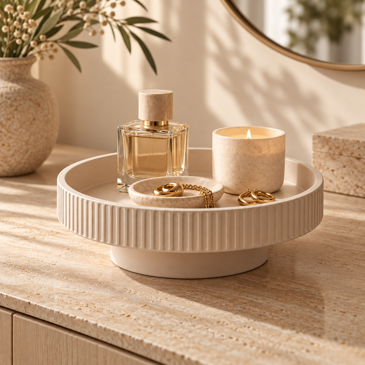 Cream Beige Fluted Round Pedestal Decorative Storage Bowl