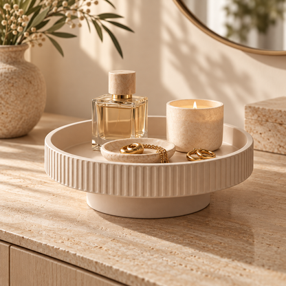 Cream Beige Fluted Round Pedestal Decorative Storage Bowl