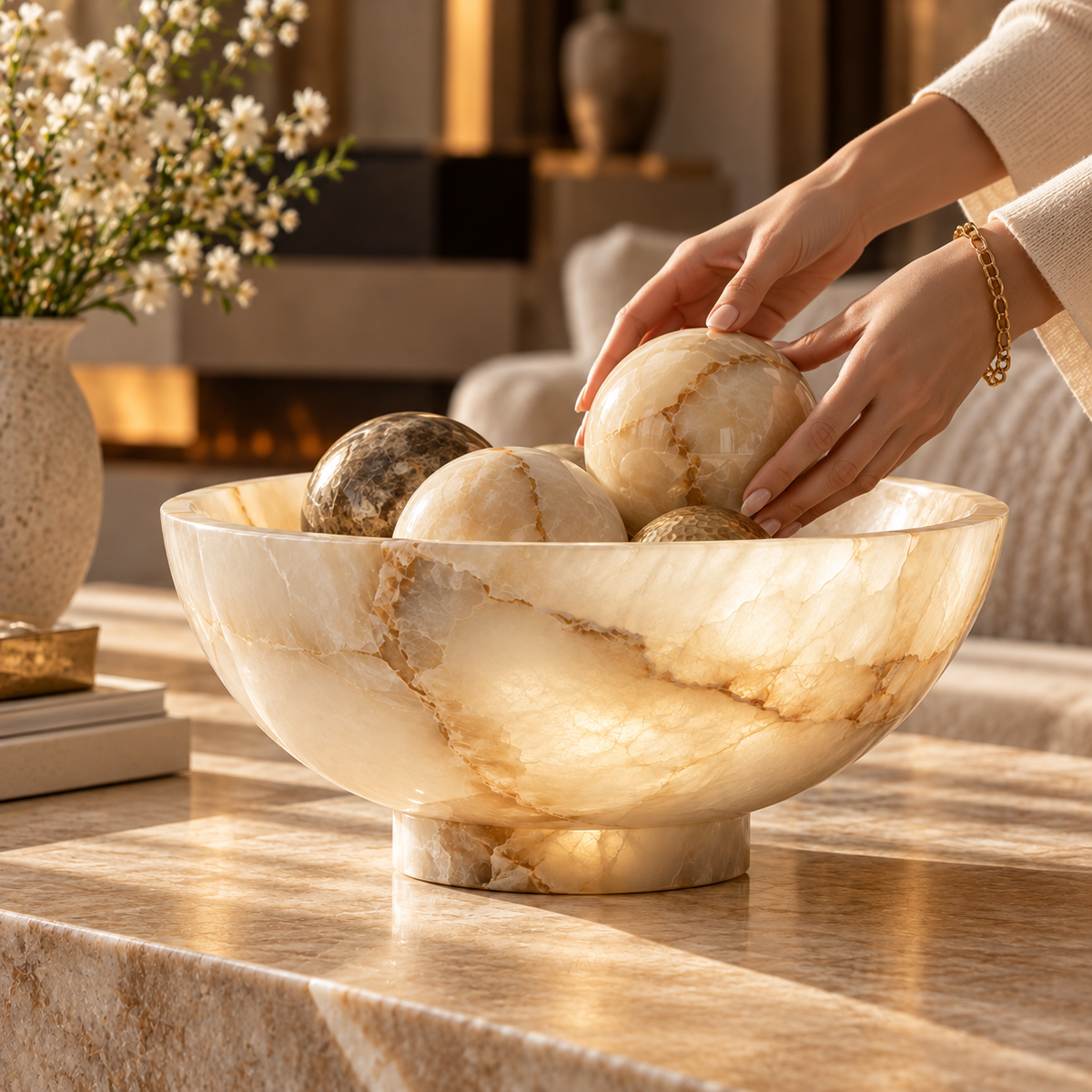 Cream Onyx-Look Pedestal Decorative Bowl