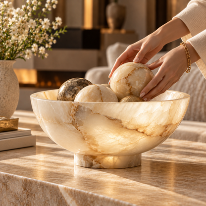 Cream Onyx-Look Pedestal Decorative Bowl