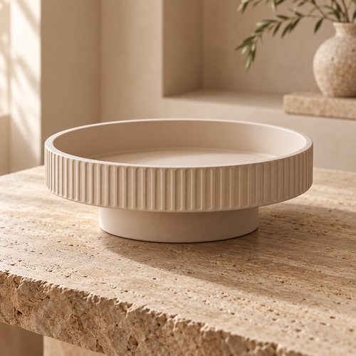Cream Beige Fluted Round Pedestal Decorative Storage Bowl