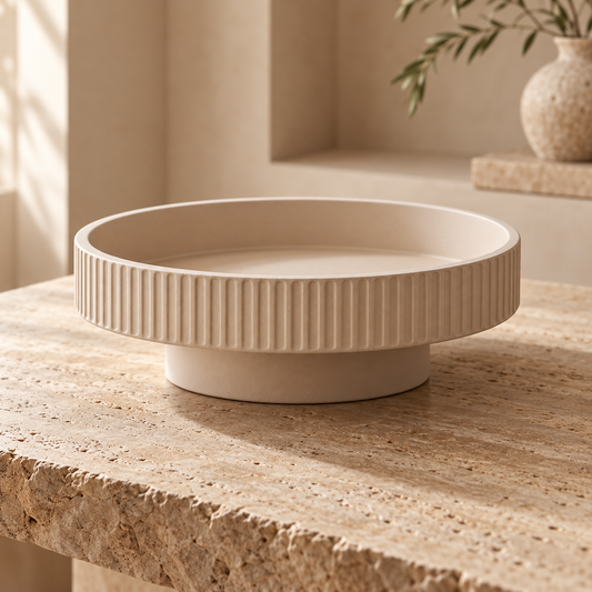Cream Beige Fluted Round Pedestal Decorative Storage Bowl