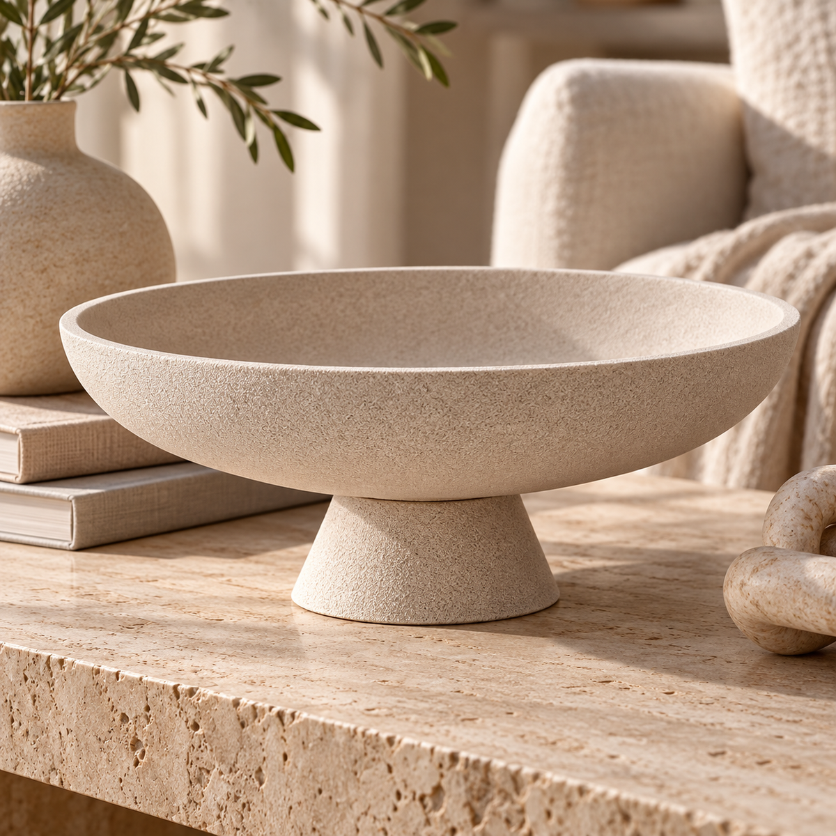Beige Stone-Look Pedestal Decorative Bowl