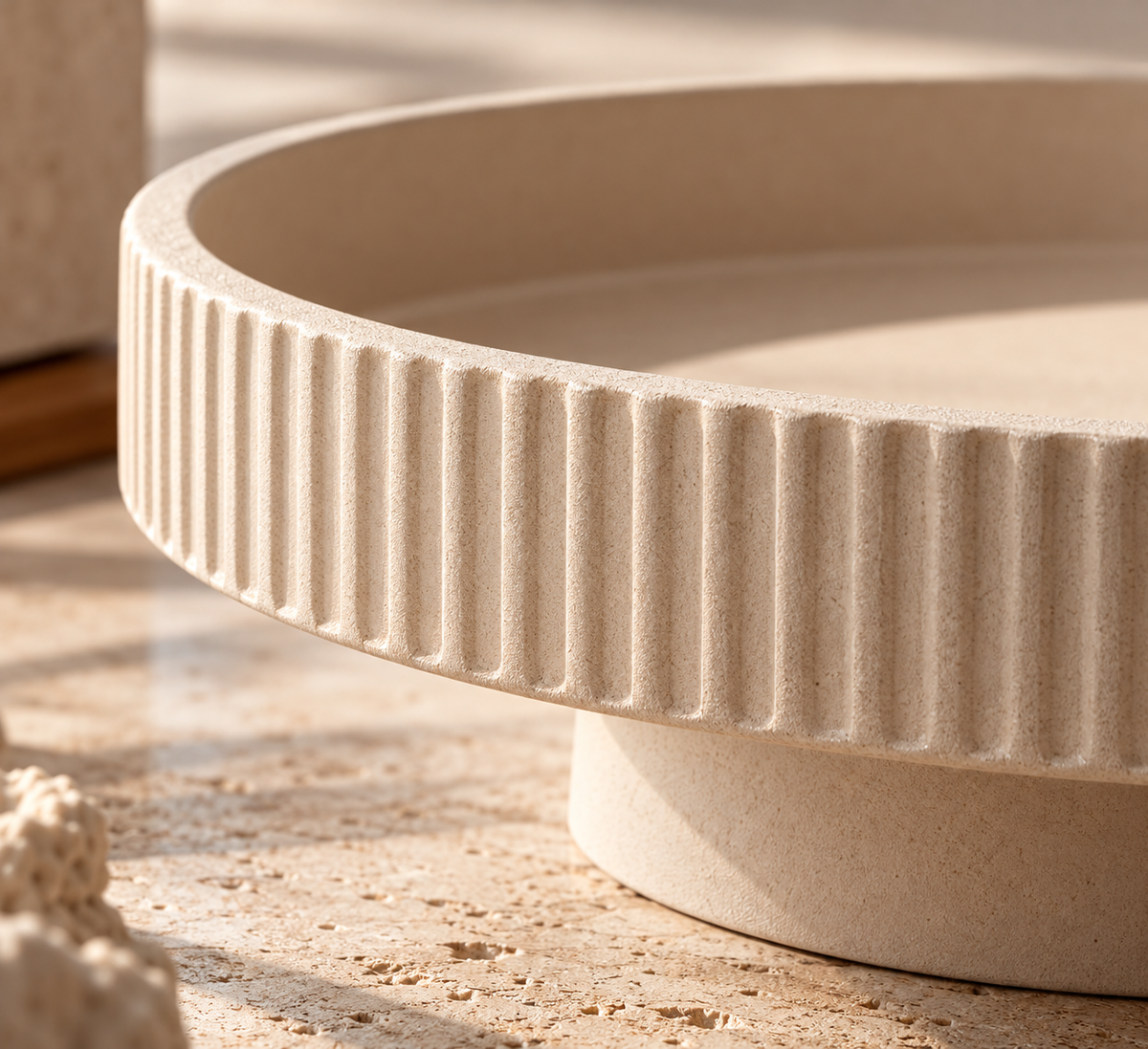 Cream Beige Fluted Round Pedestal Decorative Storage Bowl