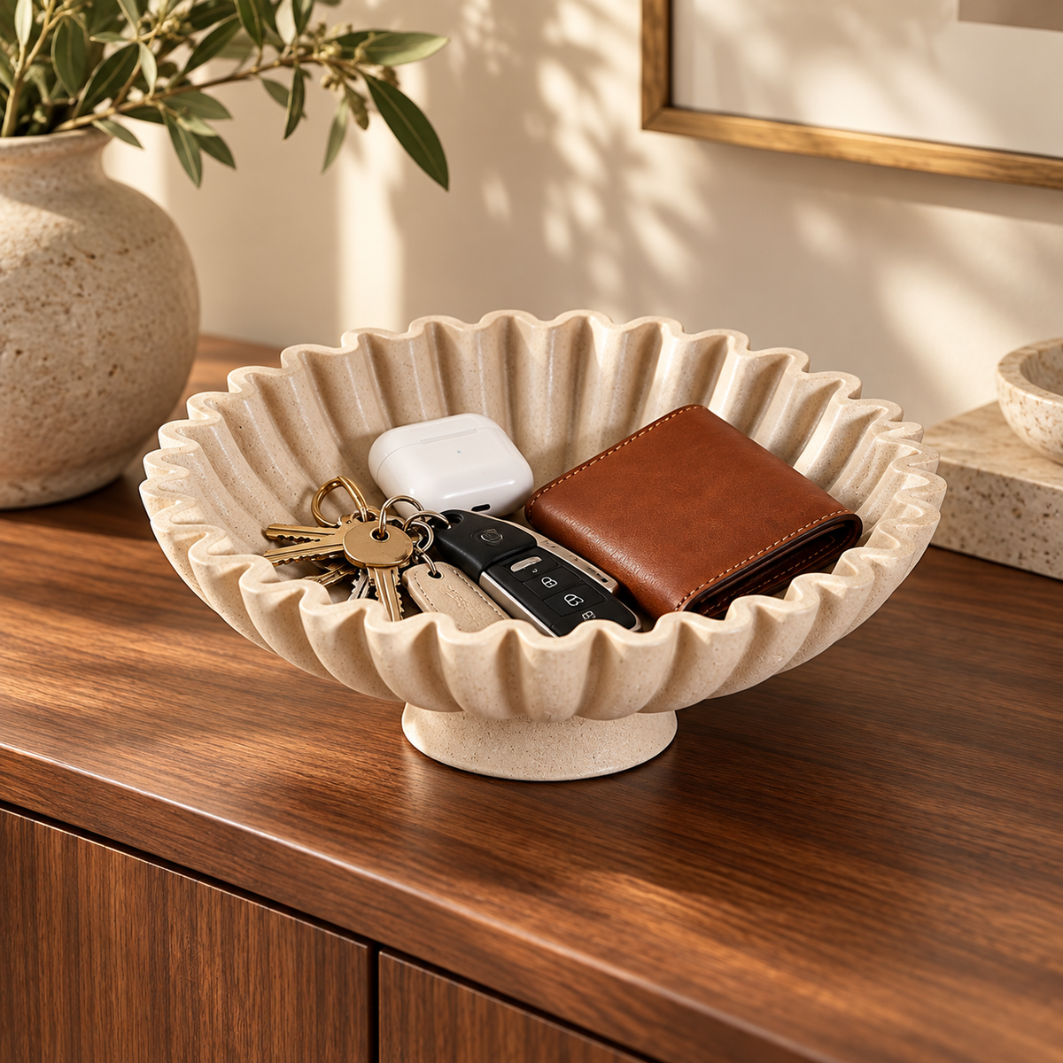 Beige Fluted Scalloped Trinket Bowl