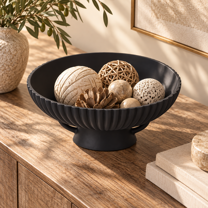 Matte Black Fluted Pedestal Decorative Bowl with Openwork Base