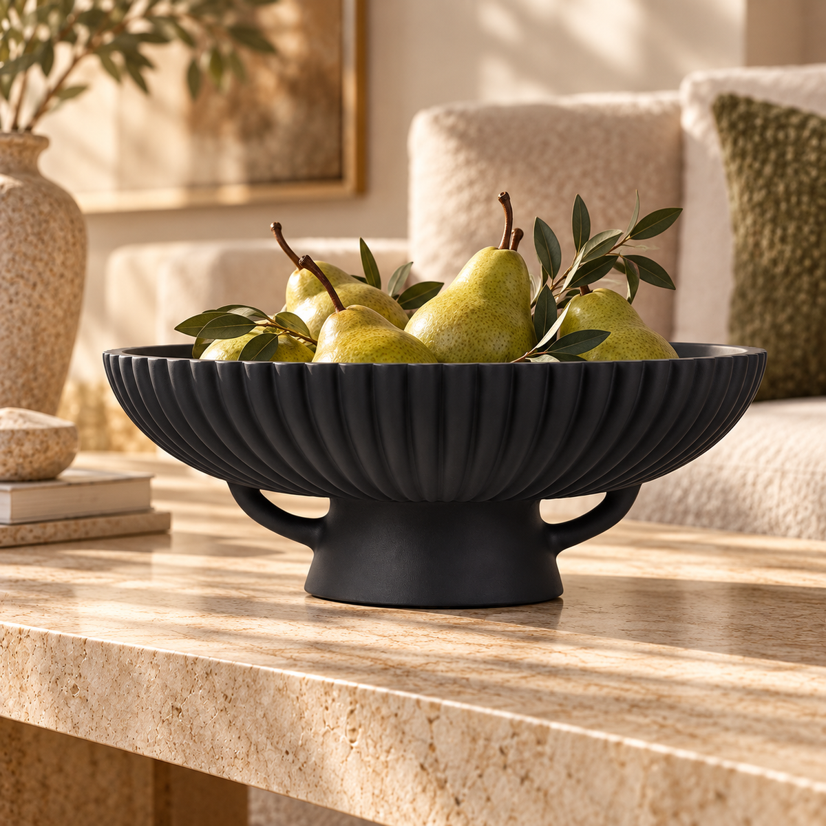 Matte Black Fluted Pedestal Decorative Bowl with Openwork Base