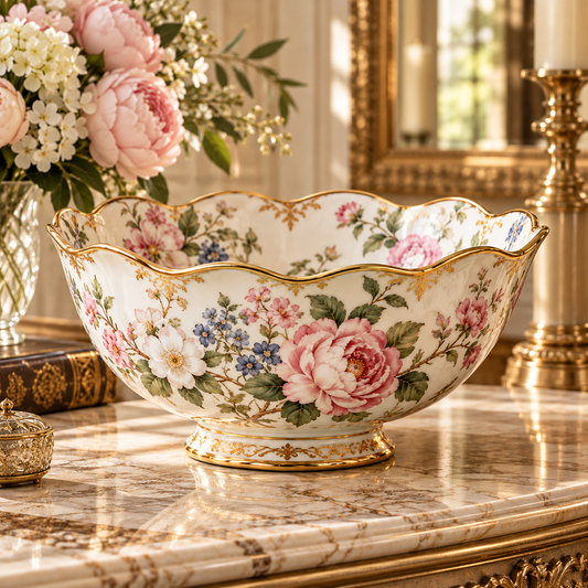 Vintage Floral Gold Rim Scalloped Pedestal Decorative Bowl