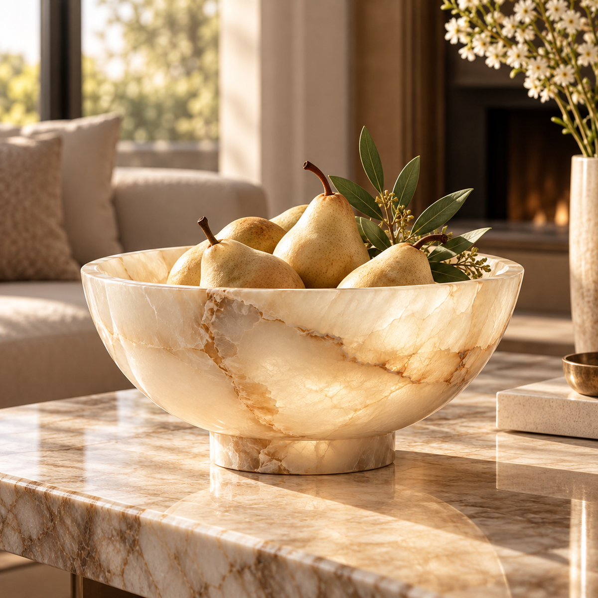 Cream Onyx-Look Pedestal Decorative Bowl