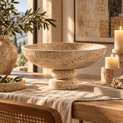 Beige Travertine-Look Wide Pedestal Decorative Bow