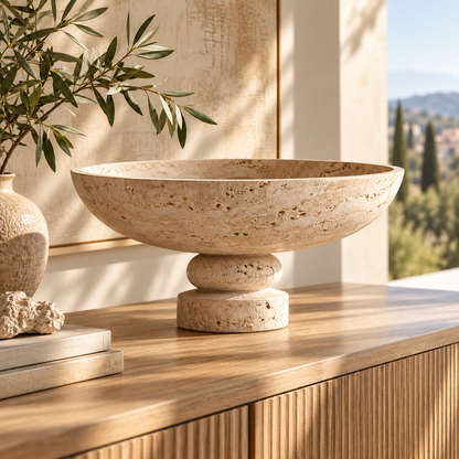 Beige Travertine-Look Wide Pedestal Decorative Bow