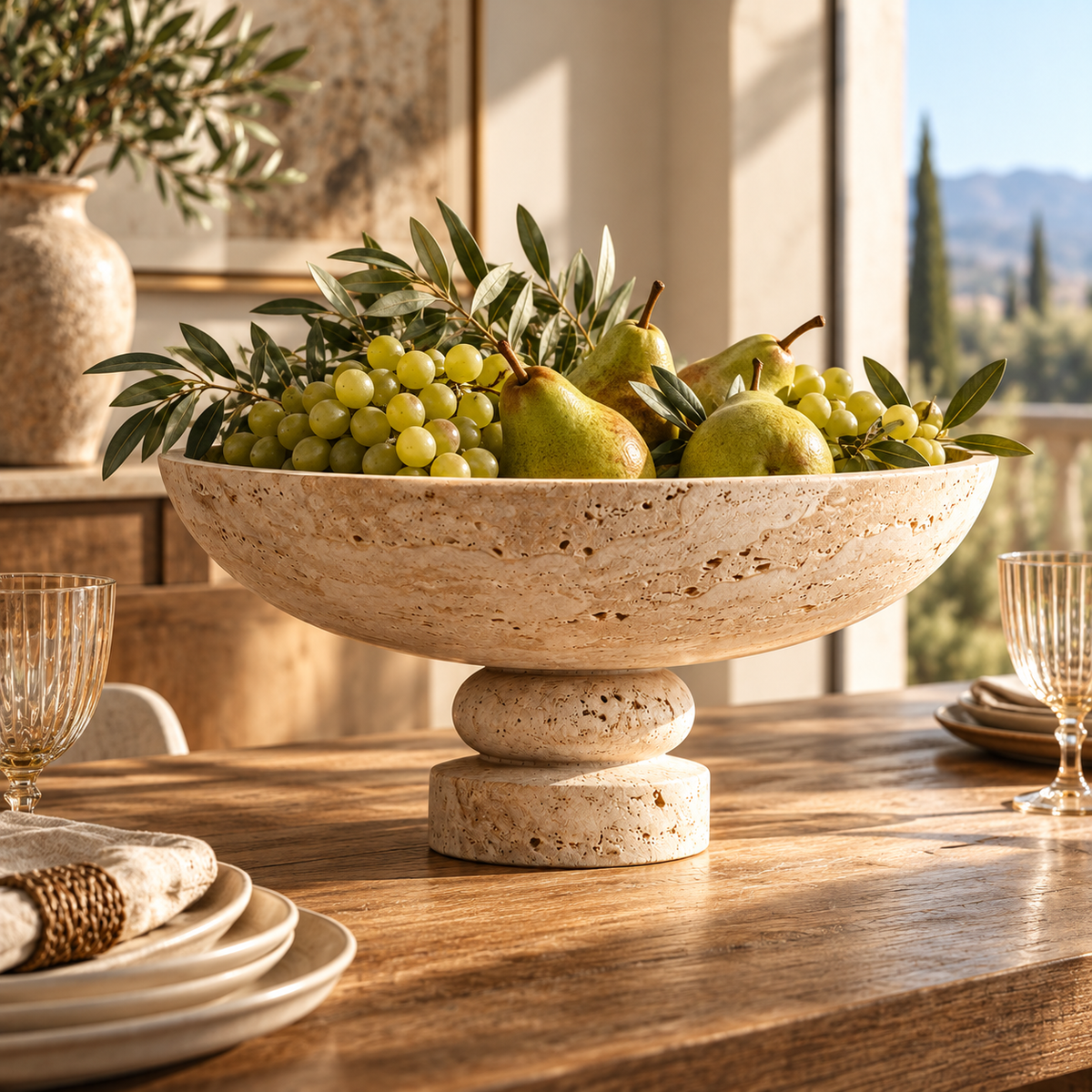 Beige Travertine-Look Wide Pedestal Decorative Bow