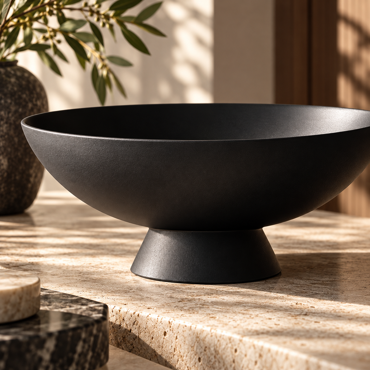Matte Black Wide Shallow Pedestal Decorative Bowl