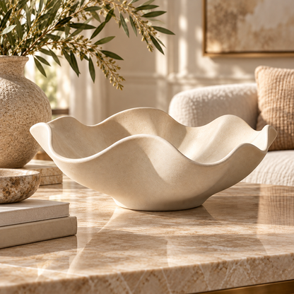 Sculptural Wavy Edge Decorative Bowl with Cream Stone-Look Finish
