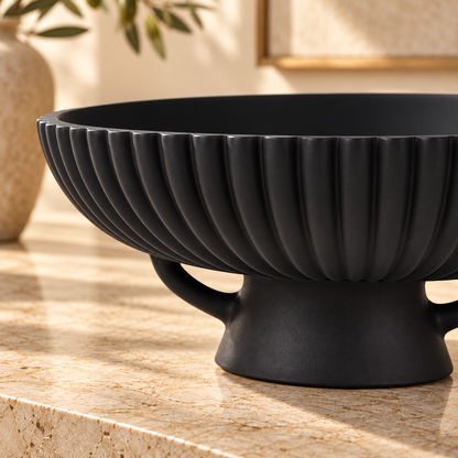 Matte Black Fluted Pedestal Decorative Bowl with Openwork Base