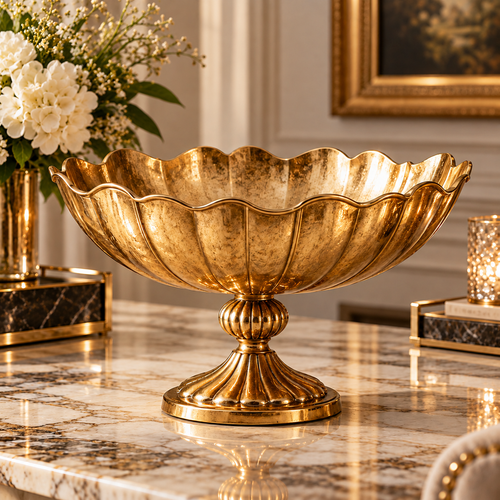 Gold Scalloped Pedestal Decorative Bowl