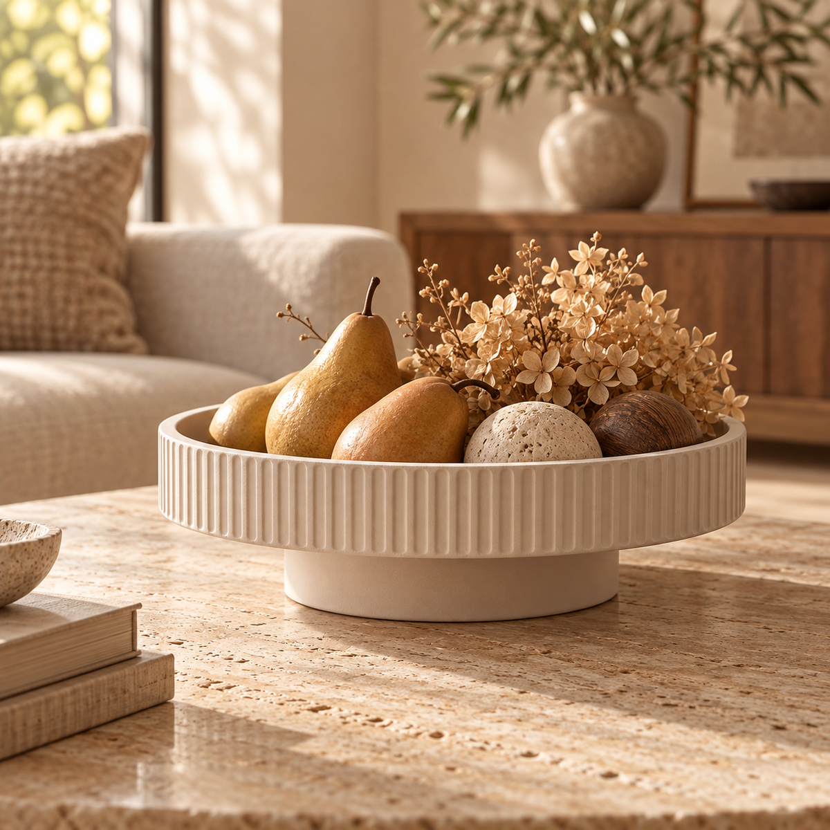 Cream Beige Fluted Round Pedestal Decorative Storage Bowl