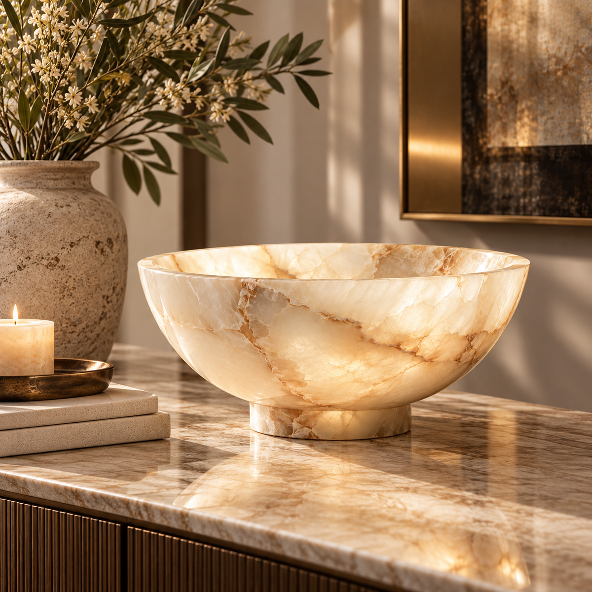 Cream Onyx-Look Pedestal Decorative Bowl