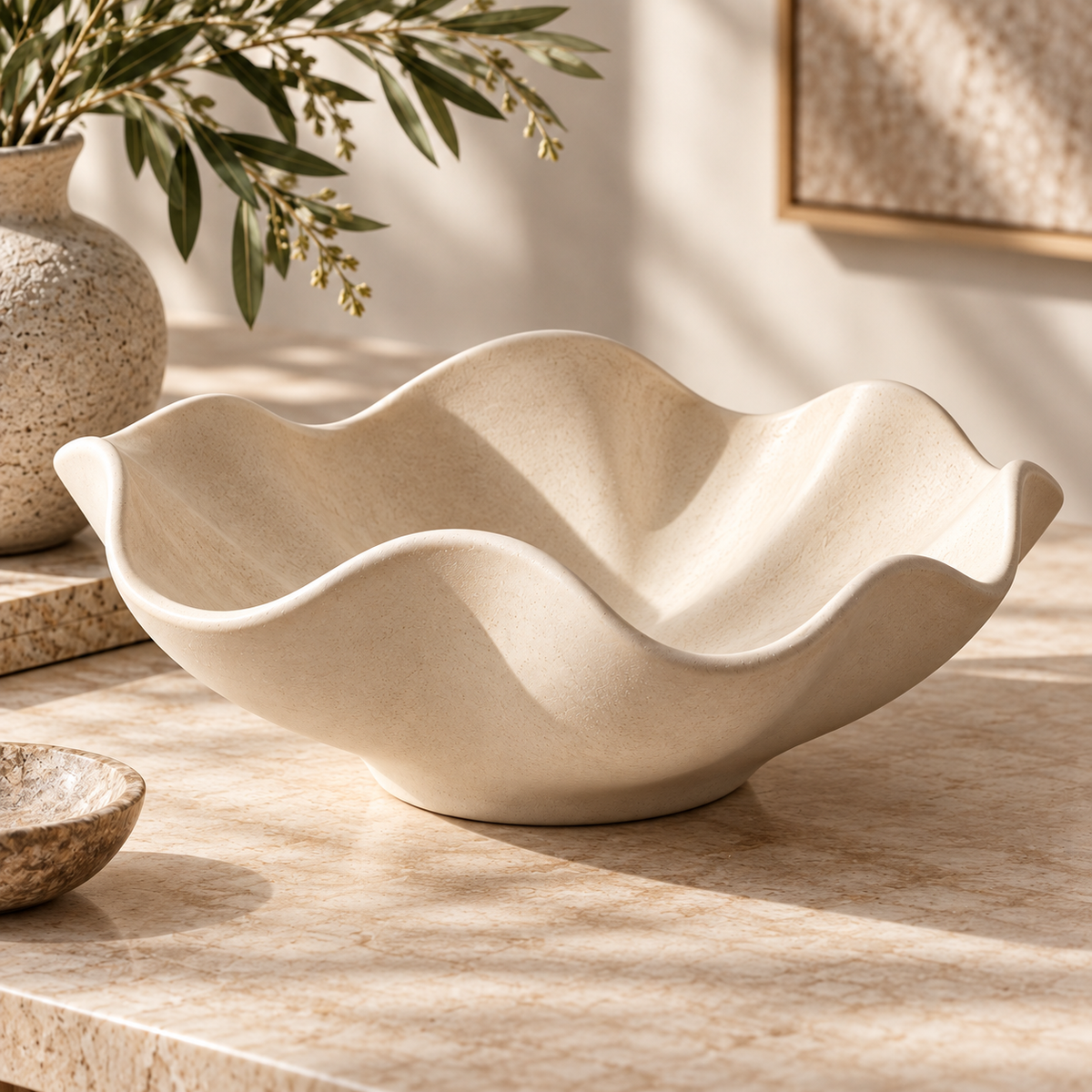 Sculptural Wavy Edge Decorative Bowl with Cream Stone-Look Finish