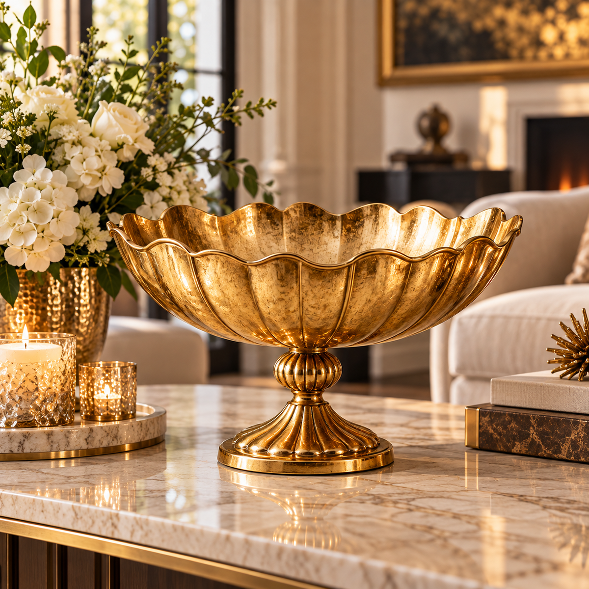 Gold Scalloped Pedestal Decorative Bowl